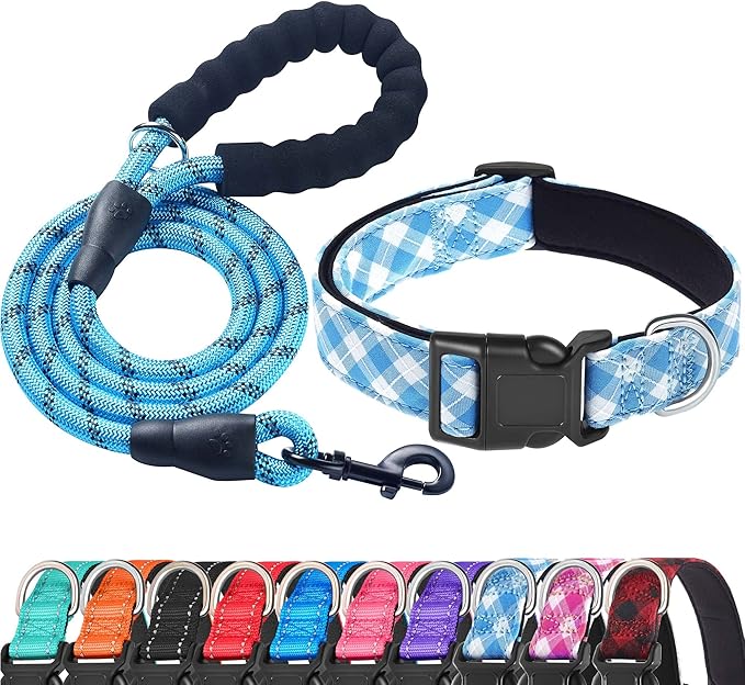 Ladoogo Reflective Dog Collar Padded with Soft Neoprene Breathable Adjustable Nylon Dog Collars for Small Medium Large Dogs (Medium (Pack of 1), Vivid Blue Plaid Collar+Leash)