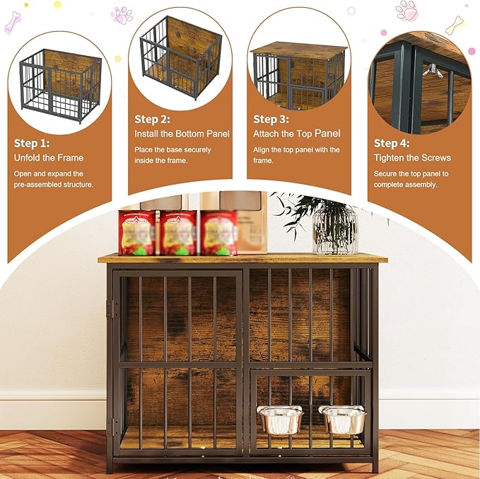 Hadulcet Foldable Dog Crate Furniture, No Assembly Indoor Dog Kennel with Storage Top, Wooden Dog Crate Table for Small to Medium Dogs, 27.55” Furniture Style Dog Cage with 2 Bowls Rustic Brown