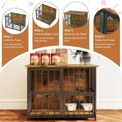 Hadulcet Foldable Dog Crate Furniture, No Assembly Indoor Dog Kennel with Storage Top, Wooden Dog Crate Table for Small to Medium Dogs, 27.55” Furniture Style Dog Cage with 2 Bowls Rustic Brown