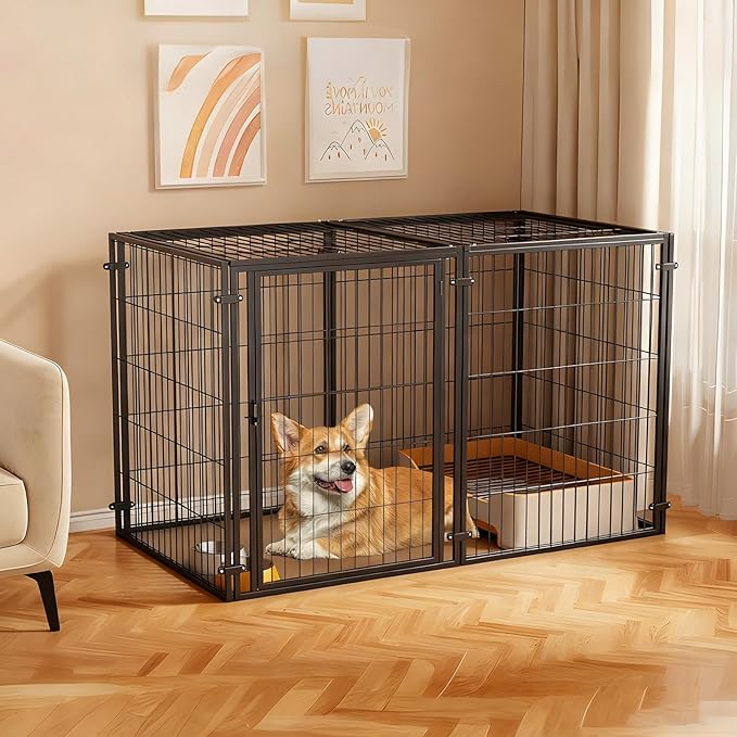 XPIY Large Dog Crate – Metal Kennel for Medium and Small Dogs, Safe Indoor & Outdoor XL Big Puppy Cage, Pet Playpen Yard, Dog Fence Playpen Easy Assembly (Black(No mat), 59Inch(No mat))