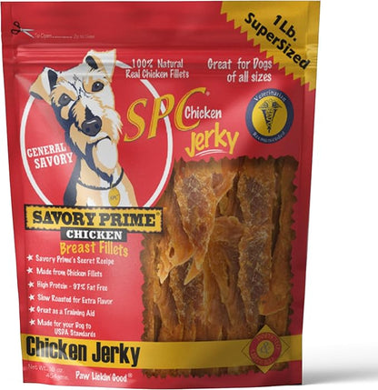 Savory Prime Chicken Jerky Dog Treats, Made with 100% Real Chicken Breast, Farm Raised, Healthy, Easily Digestible, High Protein, Satisfies Dog's Urge to Chew, 1 Pound (Pack of 1)