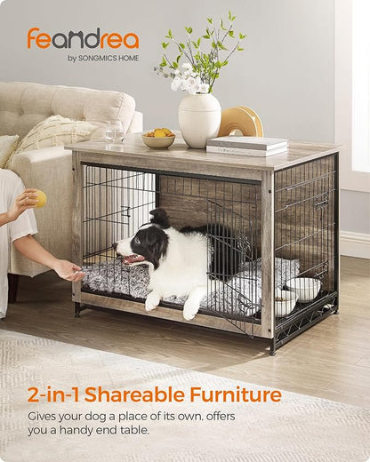 Feandrea 38.6" Dog Crate Furniture, Indoor Dog Cage Side End Table, XL Pet Wood Kennel for Large and Medium Dogs up to 70 lb with Multi-Purpose Removable Tray, Double-Door Pet House, Greige