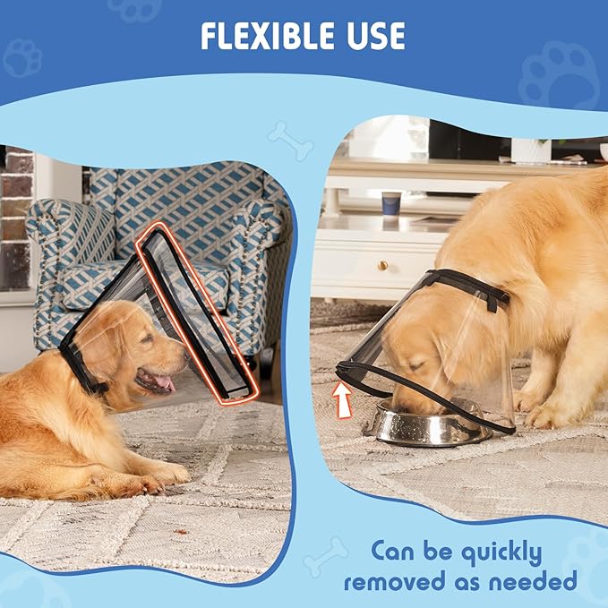 Dog Cone, Transparent Recovery Collar for Large Medium Small Dogs, E Collar After Surgery to Stop Licking, Depth Adjustable Soft Cone Not Block Vision Patented