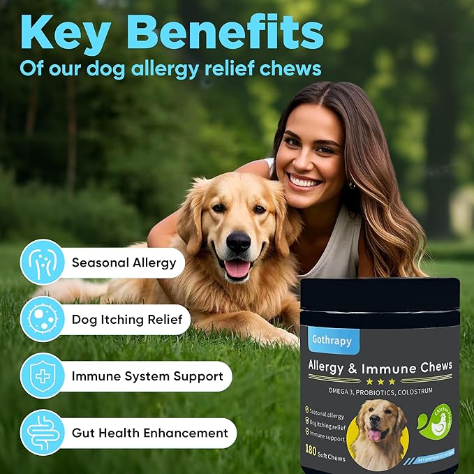 Allergy Chews for Dogs, Itching Skin Relief Chews | Seasonal Immune & Itchy Skin Support | Vet-Formulated Supplement with Omega-3 Probiotics | Chicken Flavor - 180 Soft Chews