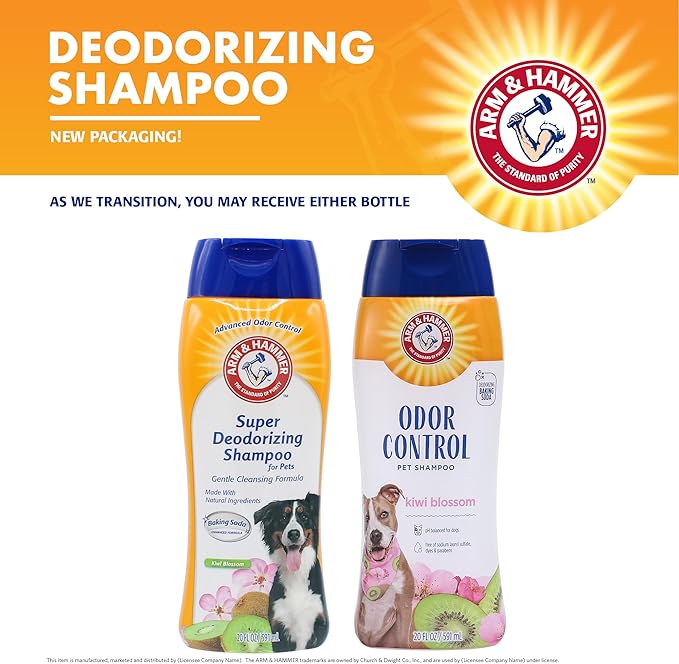 Arm & Hammer Deodorizing Dog Shampoo with Baking Soda for Odor Control, Tearless Moisturizing Formula for Sensitive Skin, Fresh Kiwi Blossom Scent, Safe for Dogs and Puppies, 20 Fl Oz - 2 Pack