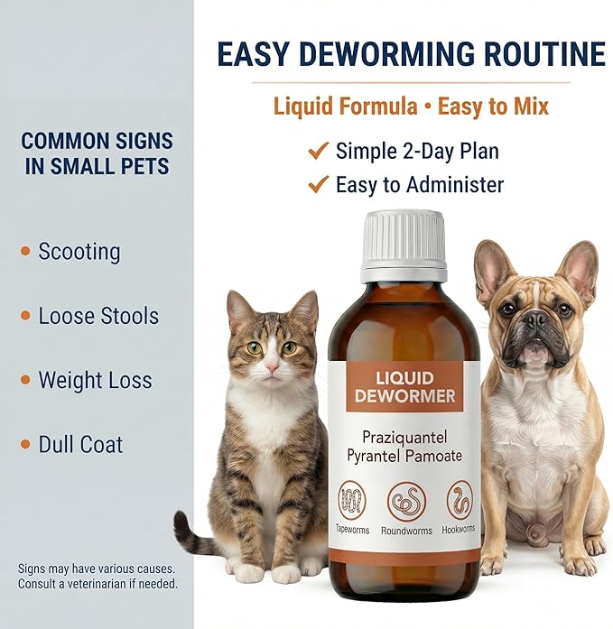 Liquid DeWormer for Cats and Dogs, Praziquantel & Pyrantel Pamoate, Targets Tapeworm, Roundworm & Hookworm, Dewormer for Puppies(6-25 lbs) & Kittens, Broad Spectrum - 100mL