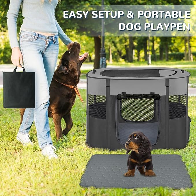 Portable Dog Cat Playpen with Waterproof Pad,Collapsible Pet Puppy Kitten Crate,Foldable Small Animals Kennel Cage for Indoor Outdoor Travel Camping,Water-Resistant Breathable Shade Cover (Grey M)
