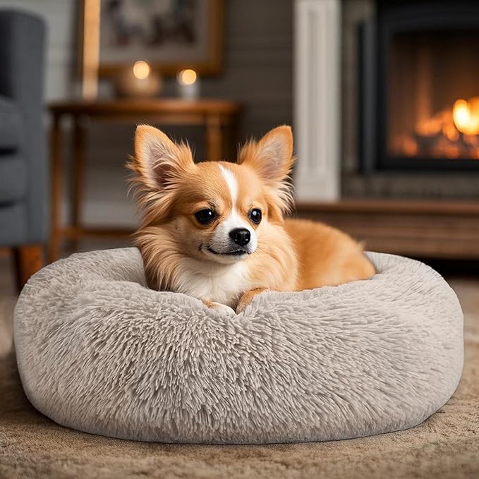 Hoewina Dog & Cat Bed, 20in Cat Beds for Indoor Cats, Calming Donut Bed for Puppy and Kitten, Washable Round Fluffy Pet Bed for Small Medium Dogs and Cats (Brown)
