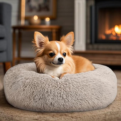 Hoewina Dog & Cat Bed, 20in Cat Beds for Indoor Cats, Calming Donut Bed for Puppy and Kitten, Washable Round Fluffy Pet Bed for Small Medium Dogs and Cats (Brown)