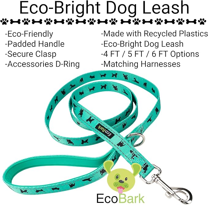 EcoBark Dog Leash - Soft & Reflective Comfort Leashes with Padded Handle - Strong Durable Heavy Duty - Training and Pulling for Small, Medium or Large Dogs (Turquoise)