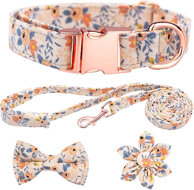 Dog Collar and Leash Set Girls Adjustable Puppy Collars with Floral Bow Tie for Small Medium Large Female Dogs, Orange Flower, XS