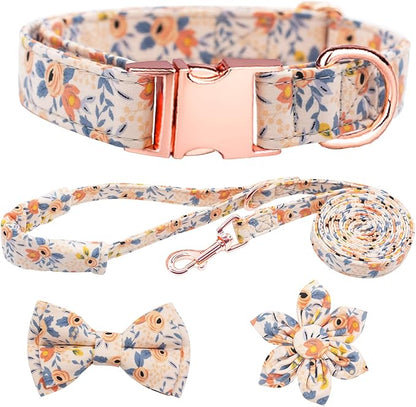 Dog Collar and Leash Set Girls Adjustable Puppy Collars with Floral Bow Tie for Small Medium Large Female Dogs, Orange Flower, L