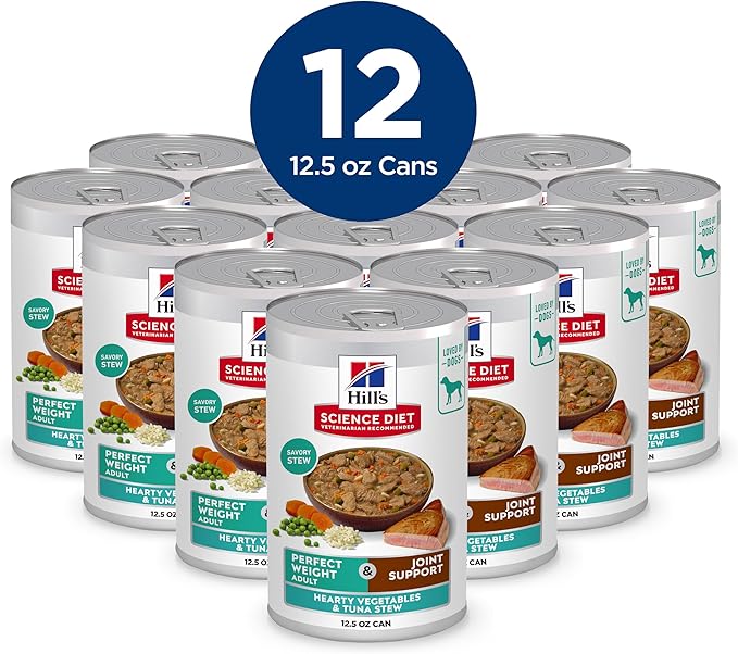 Hill's Science Diet Perfect Weight, Adult 1-6, Weight Management Support, Wet Dog Food, Tuna & Vegetables Stew, 12.5 oz Can, Case of 12