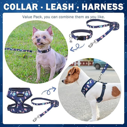 SCENEREAL Small Dog Harness Collar and Leash Set, Adjustable No Pull Pet Harnesses, No Chock Soft Mesh Vest for Doggie Puppy Medium Dogs Cats Girl or Boy,Chihuahua, Yorkie, Outdoor Walking