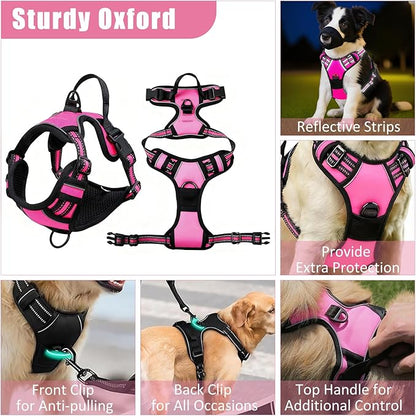No Pull Dog Harness Adjustable Collar & Leash Set - Dog Halter Harnesses Collapsible Bowls & Poop Bag Dispenser Muzzle ID Tags Toys Fits Small Medium Large Dogs (Pink-M)