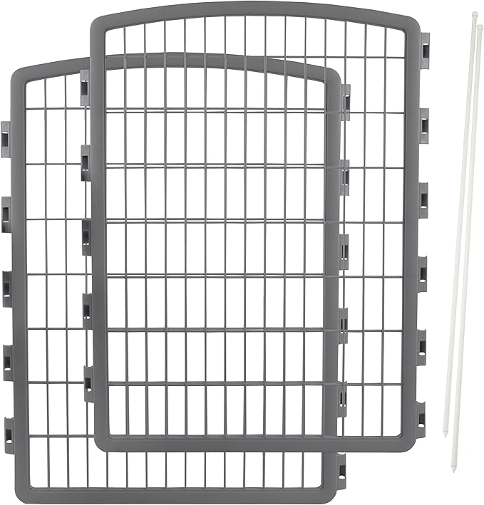 IRIS USA 34'' Pet Playpen 2 Panel Add-On with Connecting Rods, Dog Playpen, Small Medium Large Dogs, Heavy-Duty Molded Plastic, Rust-Free, Non-Skid Rubber Feet, Easy Assemble, Customizable, Gray