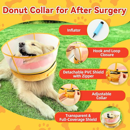 Upgraded Inflatable Dog Cone Collar with Transparent Anti-Licking Shield, Adjustable Elizabethan Collar for Medium Large Dogs, 2-in-1 Design with Detachable Shield and Soft Padding (L, Grapefruit)