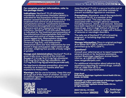 NexGard Plus (afoxolaner, moxidectin, and pyrantel) Flea and Tick Protection & Heartworm Preventive for Dogs Soft Beef Flavored Chewables, 66.1-132 lbs. (Red) 3 Chews (3 Month Supply)