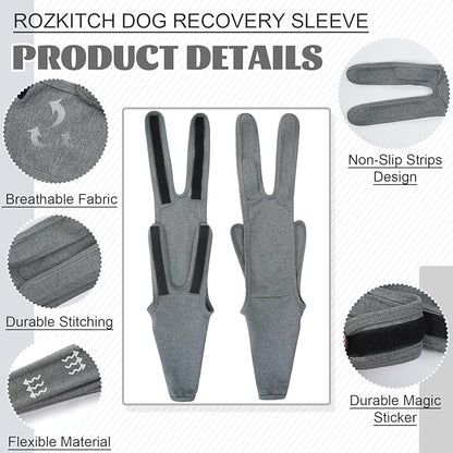 ROZKITCH Dog Wound Care for Front Right Left Leg, Pet Prevent Licking Wound Elbow Knee Protector, Dog Recovery Suit Cone Collar Alternative for Sprain ACL CCL Arthritis Joint Care Grey 2XL