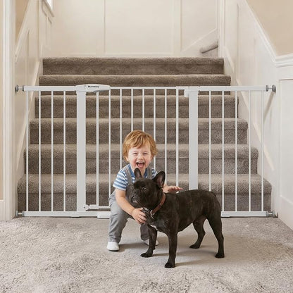 Mumeasy 29.7-57" Extra Wide Baby Gate for Doorways, Auto Close Dog Gate Indoor for Stairs, No-Drill Pressure Mounted Pet Gate with Door, Easy Walk Thru Long&Large Safety Gate for House, Outdoor, White