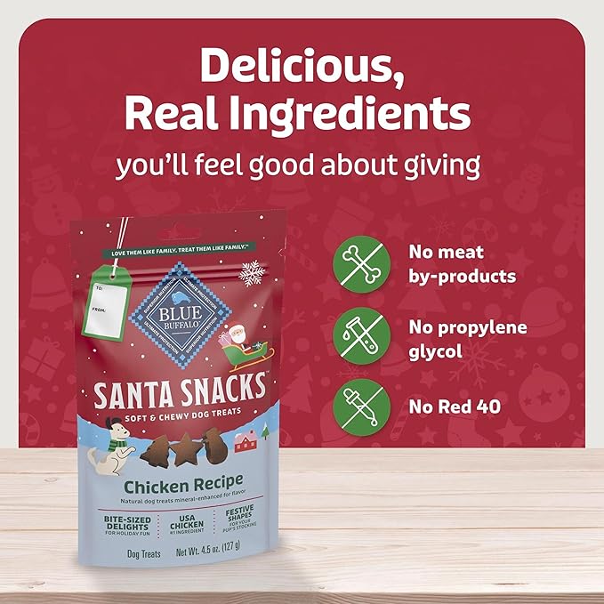 Blue Buffalo Santa Snacks Soft-Moist Dog Bits for Training, Chicken, 4.5-oz Bag