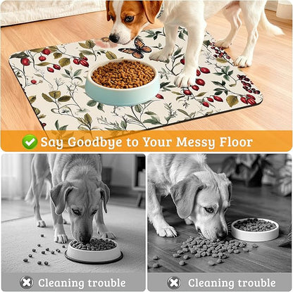 Butterfly Flower Dog Food Mat,Vintage Berry Absorbent Pet Feeding Mat for Food and Water Bowl,Quick Dry Dog Placemat Non Slip Rubber Backing Waterproof Pet Supplies 16" x 24"