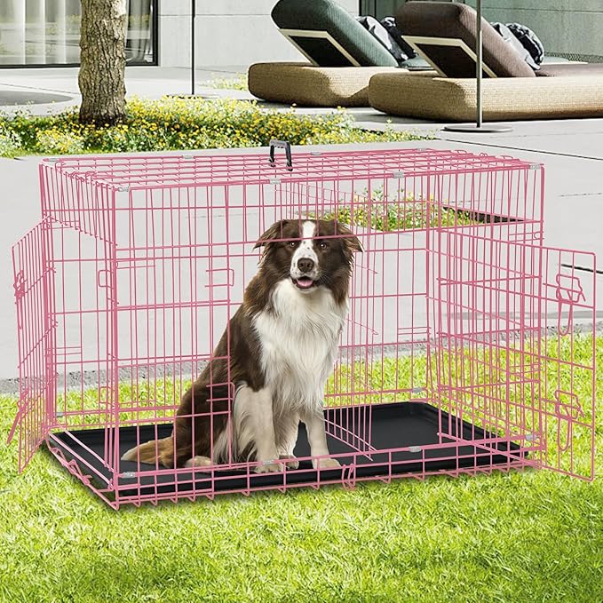 Dog Crate for Large Medium Small Dogs, Folding Dog Kennel Cage with Plastic Tray & Divider 48"/42"/ 36"/ 30"/ 24" Indoor Outdoor Metal Double Door Heavy Duty Dog Pen Enclosure, Pink(48 Inch)