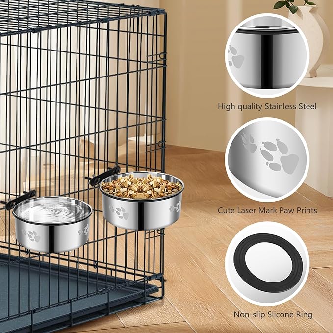 Kennel Bowls Mountable,2 Pack Dog Crate Water Bowl No Spill,Hanging Dog Bowl for Crate Cage,Stainless Steel Dogs Water Feeder Dish for Dogs Cats Bunny Ferret Bird