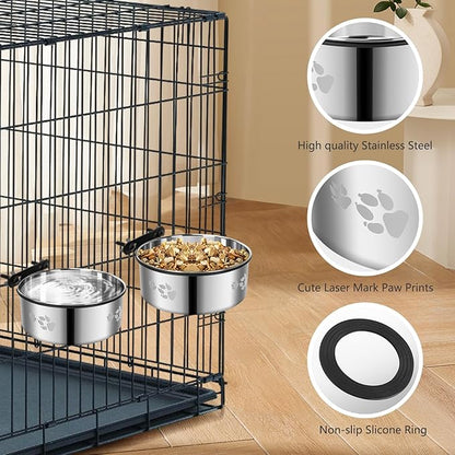 Kennel Bowls Mountable,2 Pack Dog Crate Water Bowl No Spill,Hanging Dog Bowl for Crate Cage,Stainless Steel Dogs Water Feeder Dish for Dogs Cats Bunny Ferret Bird