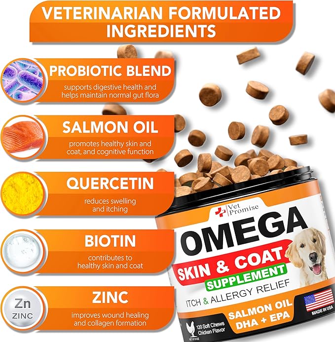 Omega 3 for Dogs - Skin and Coat Supplement - Fish Oil for Dogs Chews - Allergy and Itch Relief - Anti Shedding Supplement - Dry Skin Treatment - Salmon Oil - Made in USA - 120 Soft Treats