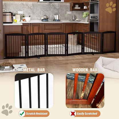 PUPETPO Freestanding Pet Gate for Dogs, Foldable Wooden Dog Gate for House, Extra Wide Indoor Pet Barrier for Stair, Doorway, Hall, Support Feet Included, 120 Inch Wide, 6 Panels 24", Brown