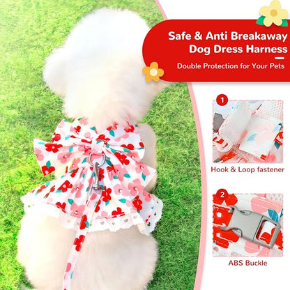 ABRRLO Dog Harness Dress Leash Set for Small Dog Summer Clothes Girl Female Puppy Cats Outfits Cute Floral Bowknot Princess Birthday Dress for Extra Small Pet Doggie Kitten Outfits Apparel(Red,M)
