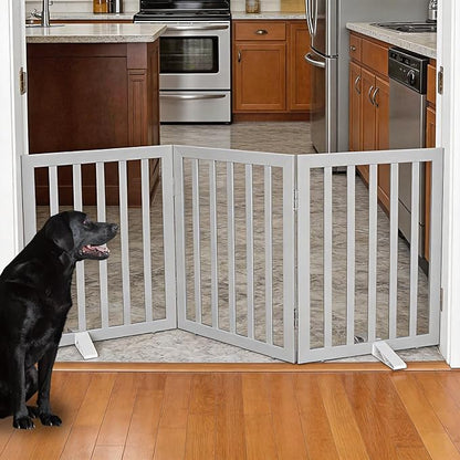 ZJSF Freestanding Indoor Dog Gate for House Foldable Wood Puppy Gate for Doorways Pet Gate for Stairs Extra Wide Pet Fence, Grey, 24" Height 3 Panels