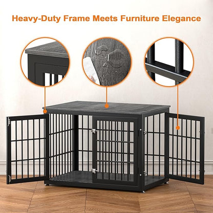 rehomerance 38 Inch Heavy Duty Dog Crate Furniture for Large and Medium Dogs, Decorative Pet House End Table, Wooden Cage Kennel Furniture Indoor, Gray