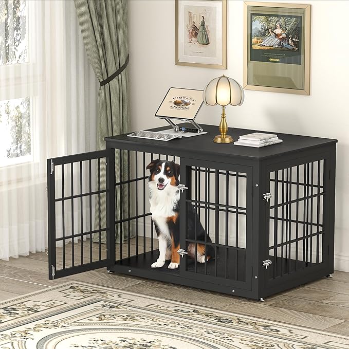 rehomerance 42 Inch Heavy Duty Dog Crate Furniture for Large and Medium Dogs, Decorative Pet House End Table, Wooden Cage Kennel Furniture Indoor, Black