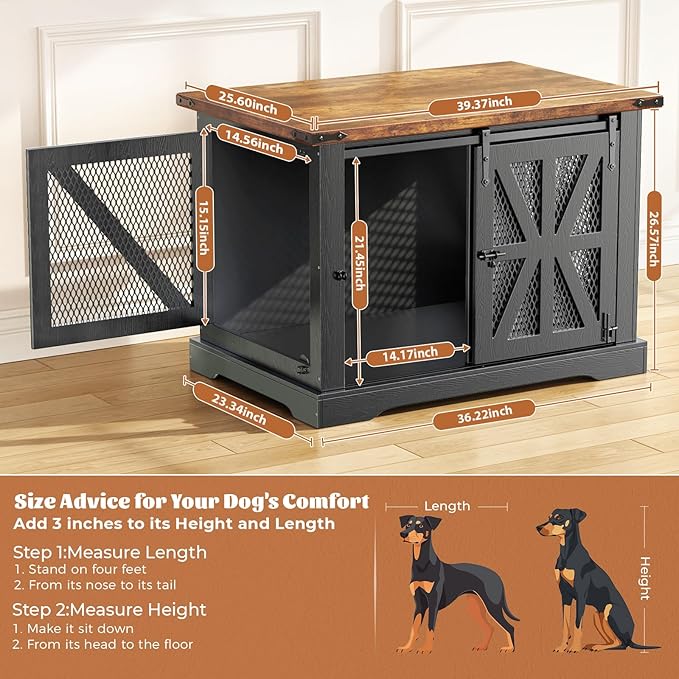 VOPEAK 40" Farmhouse Dog Crate Furniture, Heavy Duty Dog Cage for Medium Large Dogs, Wood Dog Crate Dog Kennel Indoor with Double Doors, Chew Resistant End Table for Bedroom Living Room, Black