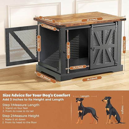 VOPEAK 40" Farmhouse Dog Crate Furniture, Heavy Duty Dog Cage for Medium Large Dogs, Wood Dog Crate Dog Kennel Indoor with Double Doors, Chew Resistant End Table for Bedroom Living Room, Black