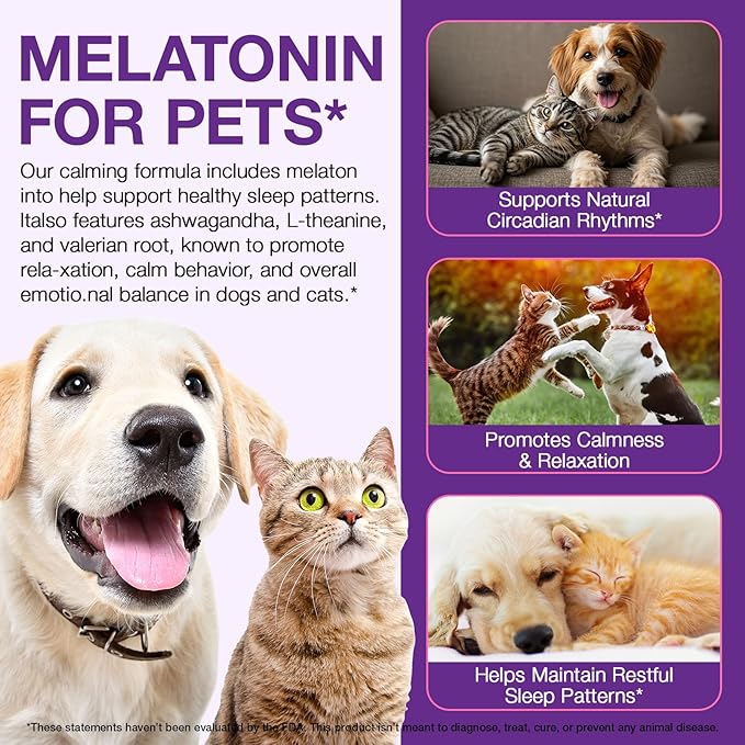 Melatonin for Pets, Melatonin for Dogs, Sleep Aid for Dogs, Melatonins for Cats, Support Aanxiety & Stress Relief, Promotes Relaxation and Deep Sleep, 2Oz Chicken Flavor