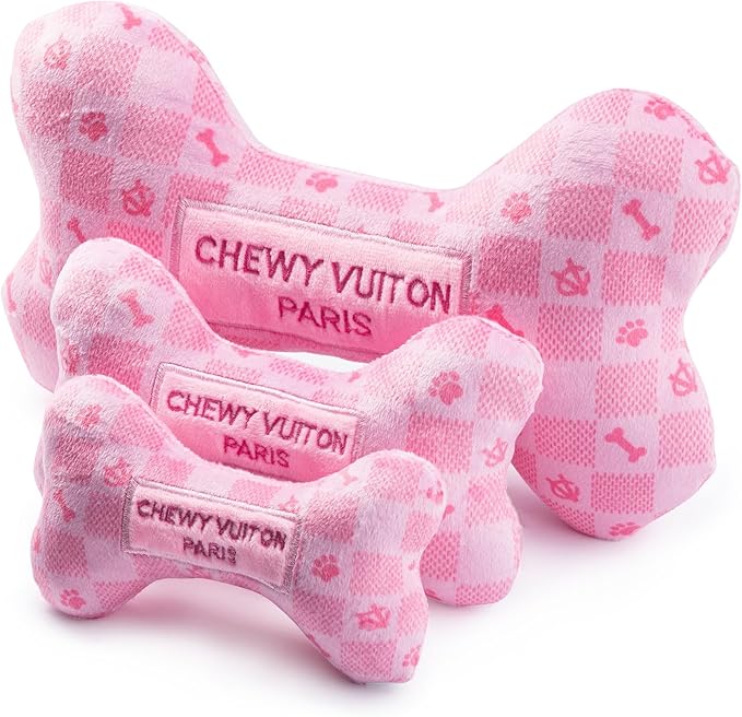 Haute Diggity Dog Chewy Vuiton Bone Plush Squeaky Dog Toy, Soft Durable Designer-Inspired Stuffed Puppy Chew Toys for Small & Medium Dogs, Machine-Washable (Pink Checker) Small
