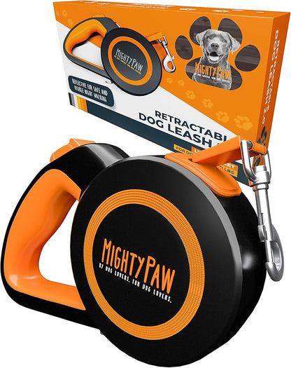 Mighty Paw Retractable Dog Leash 2.0 | 16' Heavy Duty Reflective Nylon Tape Lead for Pets up to 0-50 lbs. Tangle Free Design W/One Touch Quick-Lock Braking System & Anti-Slip Handle (Orange/Lite)