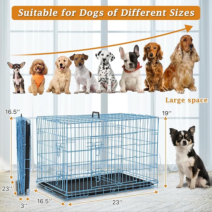 Dog Crate Dog Kennel Cage for Small Dogs, 24" Portable Foldable Indoor Outdoor Large Double Door Wire Metal Puppy Cat Pet Dog Cage with ABS Tray LC & Divider, Blue