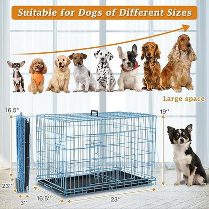 Dog Crate Dog Kennel Cage for Small Dogs, 24" Portable Foldable Indoor Outdoor Large Double Door Wire Metal Puppy Cat Pet Dog Cage with ABS Tray LC & Divider, Blue
