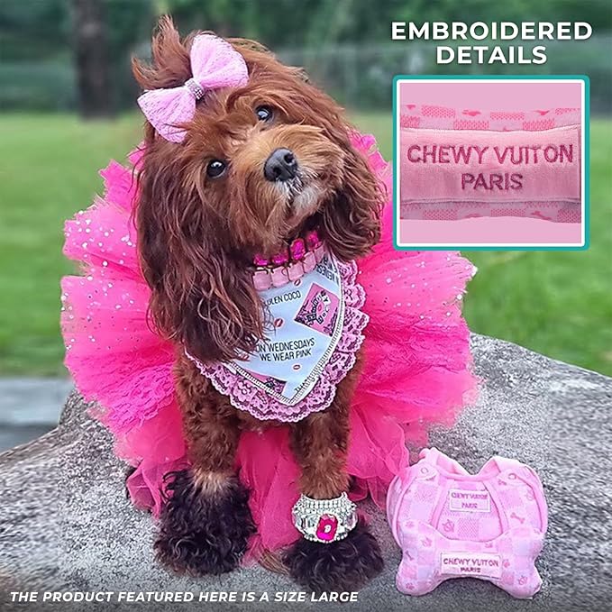 Haute Diggity Dog Chewy Vuiton Bone Plush Squeaky Dog Toy, Soft Durable Designer-Inspired Stuffed Puppy Chew Toys for Small & Medium Dogs, Machine-Washable (Pink Checker) Small