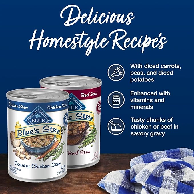 Blue Buffalo Blue's Stew Natural Wet Dog Food, Made with Natural Ingredients, Hearty Beef and Country Chicken Variety Pack, 12.5-oz Cans, 6 Count