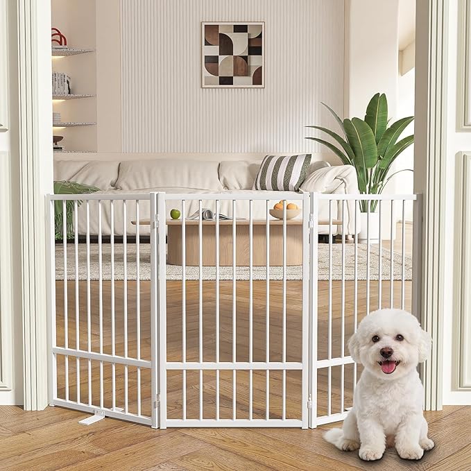 SNUOWU Full Metal Freestanding Dog Gate with Door, 32''Height Foldable Pet Dog Fence for Indoor & Outdoor, 3 Panels Extra Wide Free Standing TallDog Gates for Doorways,House,Stairs,Porch,Deck,Yard