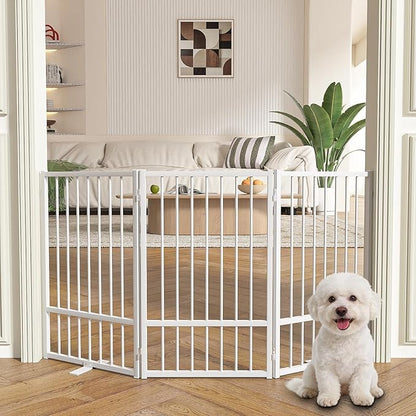 SNUOWU Full Metal Freestanding Dog Gate with Door, 32''Height Foldable Pet Dog Fence for Indoor & Outdoor, 3 Panels Extra Wide Free Standing TallDog Gates for Doorways,House,Stairs,Porch,Deck,Yard