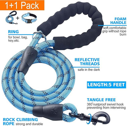 Ladoogo Reflective Dog Collar Padded with Soft Neoprene Breathable Adjustable Nylon Dog Collars for Small Medium Large Dogs (Medium (Pack of 1), Vivid Blue Plaid Collar+Leash)
