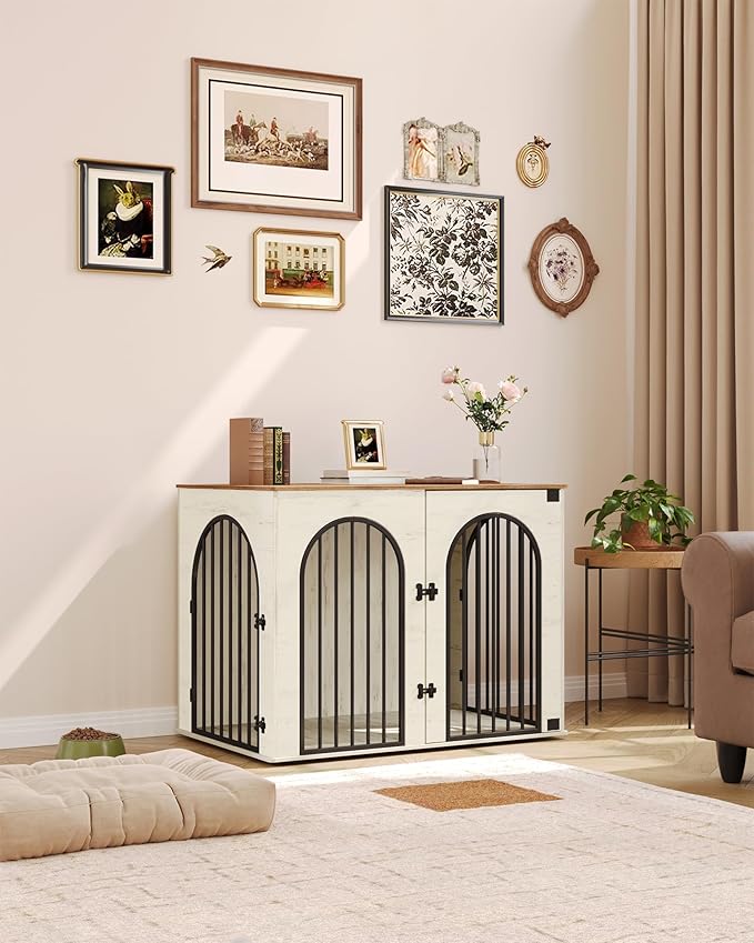 Hzuaneri 44.1" Wooden Dog Crate Furniture, Indoor Dog Kennel Dogs Cage for Small/Medium/Large Dogs, Heavy Duty Dog Crates Decorative Pet House End Side Table TV Stand, White Brown DFC83914B