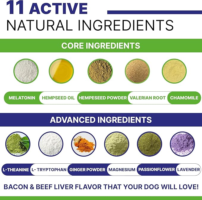 Advanced Dog Calming Chews - Anxiety Relief Treats w/Melatonin + Valerian Root - Calm & Sleep Aid Bites - Stress Relief During Fireworks Storms Separation - Anti Anxiety & Aggression Pill