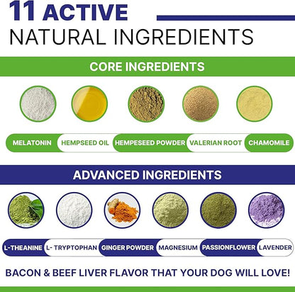 Advanced Dog Calming Chews - Anxiety Relief Treats w/Melatonin + Valerian Root - Calm & Sleep Aid Bites - Stress Relief During Fireworks Storms Separation - Anti Anxiety & Aggression Pill